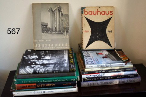 567) LOT OF 14 BOOKS ON ARCHITECTURE AND ART: BAUHAUS 1919-1928, HERBERT WALTER & ISE GROPIUS W/DUST JACKET; WALTER REED, ILLUSTRATOR IN AMERICA/1900-1960; ETC.