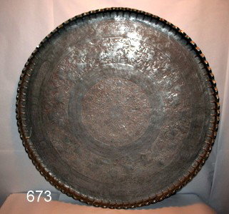 673) SYRIAN TINNED COPPER TRAY, CA. 1900,: W/ OVERALL ETCHING SHOWING FIGURES & ANIMALS ENGAGED IN VARIOUS ACTIVITIES; D: 39"
