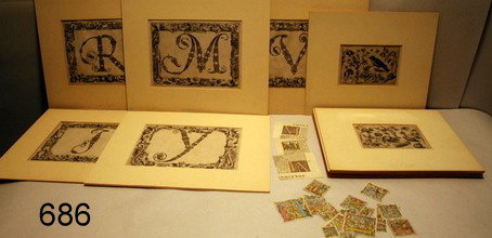 686) 31 OLD MASTER PRINTS, INCLUDING:: 7 BY NICHOLAS DE BUNYAN? (1571 - 1652); ALL ARE TRIMMED RIGHT TO THE PLATE; PLUS 5 -16TH.C. "G. F. CRENCI?" PRINTS, 7.5" X 9.25"; PLUS 19 COLORED MANUSCRIPT LETTERS, PRINTED ON BOTH SIDES