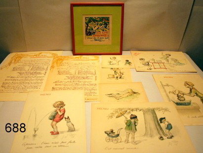 688) 9 GEORGES REDON MENU PRINTS,: RANGE: 10" X 15" TO 7.5" X 5.5" PLUS 1 FRAMED WOODBLOCK "BIBLIOPHILES" MENU