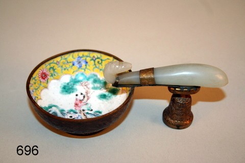 696) CHINESE MUTTON FAT JADE BELT HOOK ATTACHED TO : ENAMELLED BOWL W/ETCHED BRASS FITTINGS, OVERALL LENGTH 5 1/2"