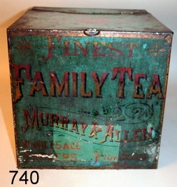 740) 19TH C. PROVIDENCE, R.I. TOLE PAINT TEA BIN,: READS:FINEST FAMILY TEA MURRAY & ALLEN---",COMPASS MOTIF ON SIDES AND TOP, 3/4 HINGED LID, 11 X 11 X 11", ALSO MKD. J. A. ILSLEY & CO TIN CANS, COND.: RECENTLY REMOVED OLD PAPER LABEL W/H20 TO REVEAL