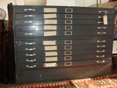 TWO PRINT FILE CABINETS IN 3 SECTIONS: 2 SECTIONS W/ 5 FULL WIDTH DRAWERS (ONE W/ A MISSING HANDLE), D: 41.5" W: 53.5" H: 39" (OVERALL)