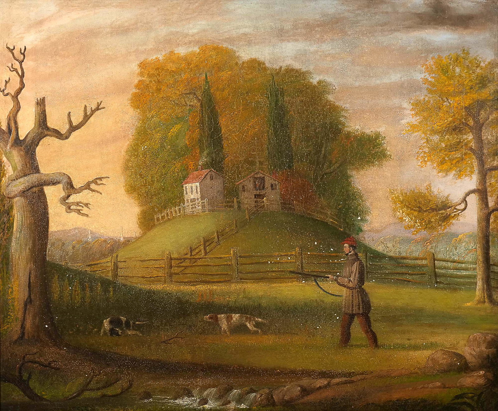 AMERICAN SCHOOL, 19th Century: Landscape with a hunter and his dogs Oil on canvas Verso with transcript of original canvas stencil for Ashton & Browning, 204 Chest St., Philadelphia h. 25 w. 30 in. overall: 34-1/2 x 39-1/2 in. (fra