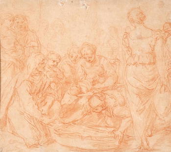 SIMONE CANTARINI (Italian, 1612-1648): La Naissance de la Vierge Red chalk on paper Old master drawing by Simone Cantarini (aka Simone de Pasaro or il Pesarese), "The Birth of the Virgin"; nativity scene in red chalk showing figures surrou