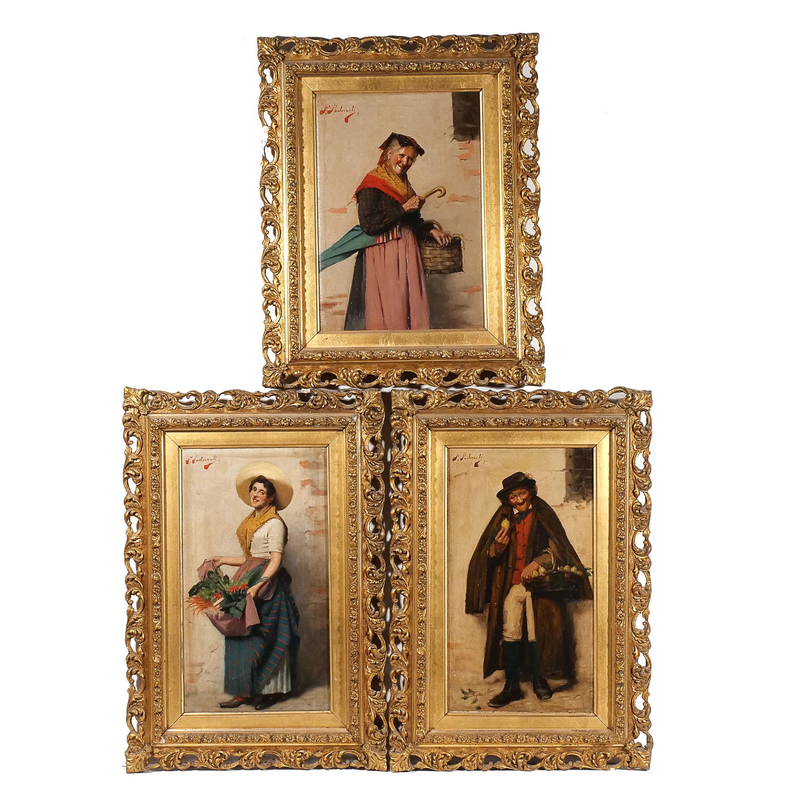(3pc) PIETRO PEDERZOLI (Italian, 1889-1975): Portraits at the marketplace Oil on canvas Including a portrait of an old man with a basket of lemons, a portrait of an old lady with a basket and umbrella (12 x 8-1/2 in.), and a portrait of a woman 