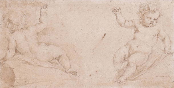 SCHOOL of JACOB de WIT (Ductch, 1695-1754): Two putti Black chalk & brown ink wash on paper L'ecole de Jacob de Wit (Ductch, 1695-1754), a study of putti en repose as shown from the back and the front h. 6 w. 11-1/2 in. (sight) overall: 12-1/8