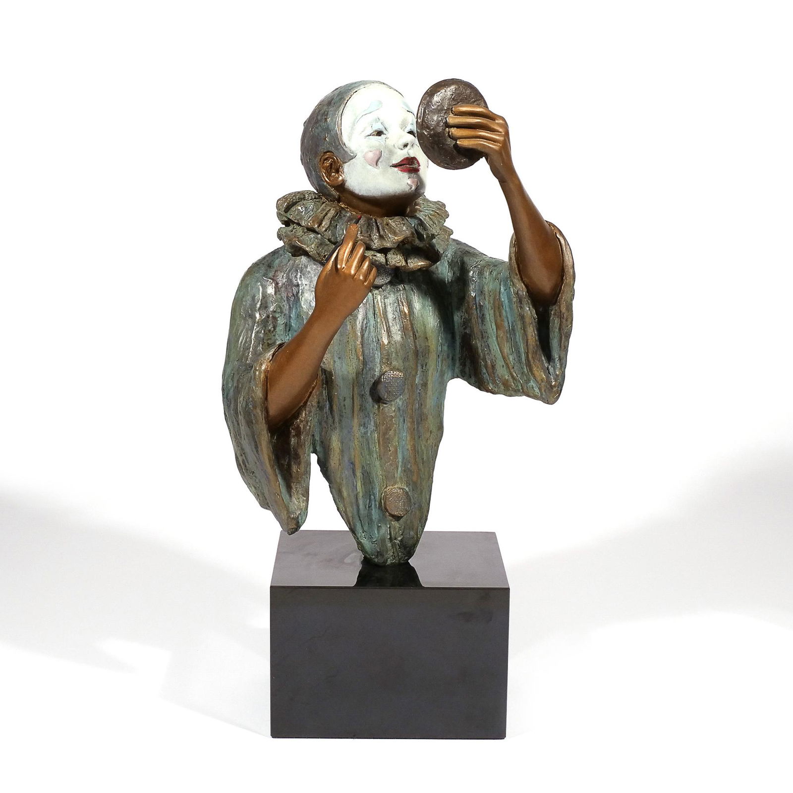 PEGGY MACH (American, 20th/21st Century): Clown putting on makeup Bronze Ed. 89/150, signed on figure's right arm h. 16-3/4 w. 8 d. 7 in. Accompanied by "A Retrospective of Her Sculpture / Peggy Mach at Chelsea Center"