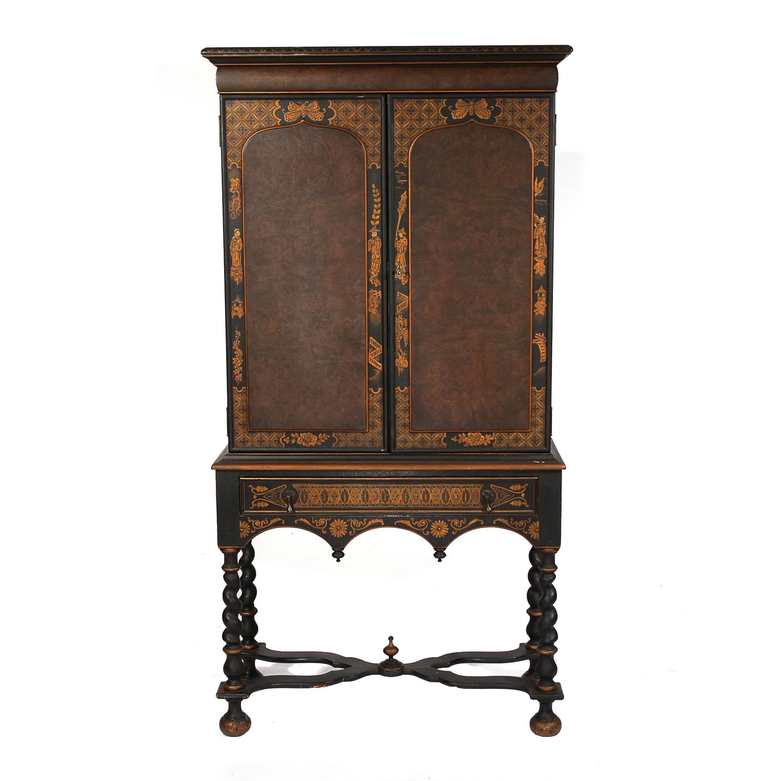 EARLY 20th CENTURY CABINET on STAND of SMALL SIZE: With overall Chinoiserie decoration, double cabinet doors over full-width drawer on turned legs attached to an X-shaped stretcher, the interior with three drawers; with Berkey & Gay Furniture / Knolew