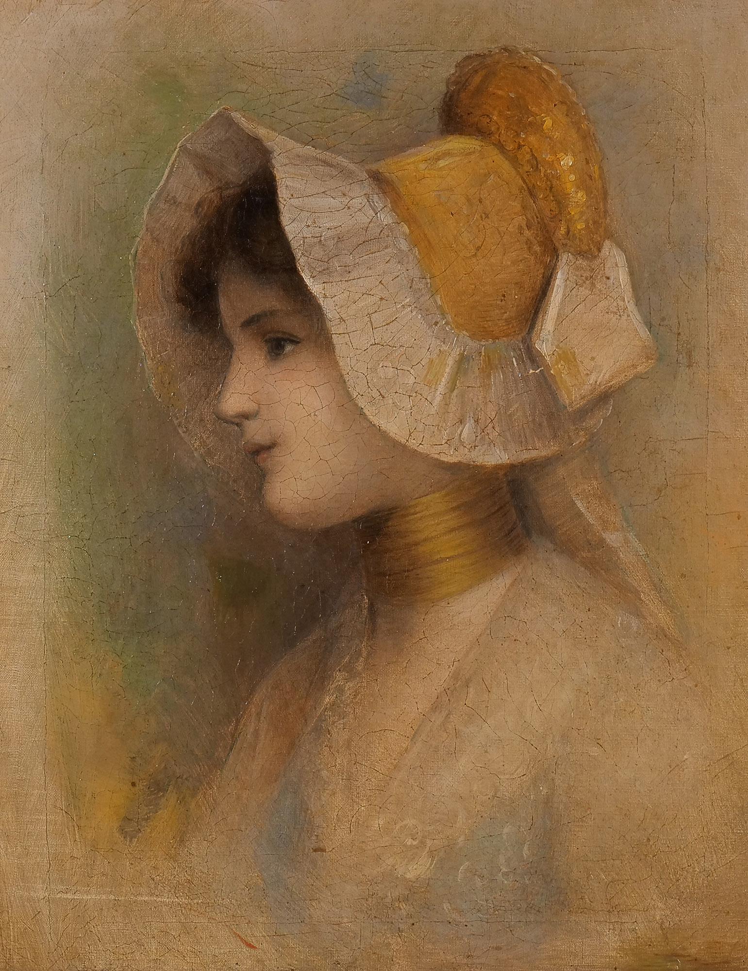 CONTINENTAL SCHOOL (19th Century): Woman wearing a bonnet Oil on canvas No apparent signature, framed; inscribed on back stretcher, "Mintz 212" h. 21 w. 16-1/2 in. overall: 24-1/2 x 20 in. (frame) Provenance: Private collection, New Ca