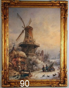 90) FRIEDRICH PERLBERG (GERMAN, 1848 - 1921) WATERCOLOR: OUTDOOR GENRE SCENE W/WINDMILL & CHILDREN BRING CHRISTMAS TREE HOME, SGD. L.L. F. PERLBERG, MUNICH, SIGHT 21 ½" X 15 ½"