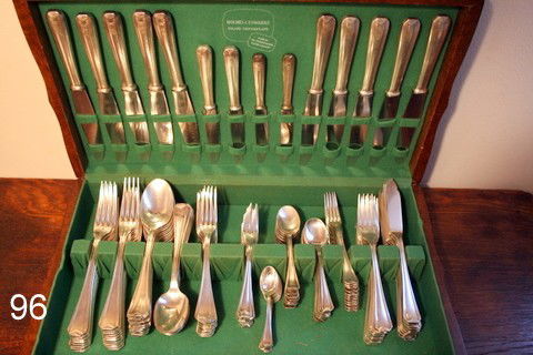 96) CHRISTOFLE SILVER PLATED FLATWARE SERVICE FOR 12: (3-PC. SHORT):18 -DINNER KNIVES; 12- LUNCHEON KNIVES; 12- BUTTER KNIVES; 12-DESSERT KNIVES; 11- FRUIT FORKS, 12- LUNCHEON FORKS; 12 -CONSOMMÉ SPOONS; 11- TEA SPOONS; 12- COCKTAIL FORKS; 12 -SALAD FOR