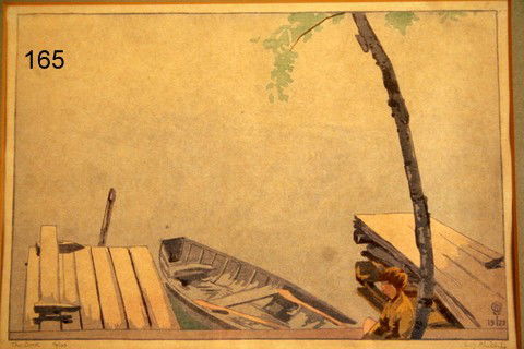 165) WALTER JOSEPH PHILLIPS, R.C.A., WOODBLOCK: (B. 1884-1963) THE DOCK, ED. 16/100, SGD., 1922, 7 3/4 X 11 1/8" (SIGHT), ALTHOUGH NOT EXAMINED OUT OF FRAME APPEARS NO TO BE LAID DOWN