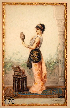 170) LOUIS ROBERT DE CUVILLON (FR. 1848-) : ORIENTALIST WATERCOLOUR, WOMEN W/MIRROR, SGD.L.R. & D. 1885, 8 1/2 X 5"
