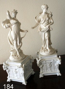 184) PAIR PARIAN CLASSICAL FEMALE FIGURES: : DIANA & AUTUMN, MISSING FINGER, DIANA W/DMGD. BOW, EA. 9 3/4"