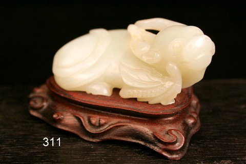 311) CHINESE ANTIQUE PALE JADE CARVED WATER BUFFALO : W/ORIGINAL CARVED STAND, L. 2 3/4"