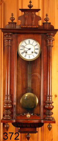 372) ANTIQUE VIENNA WALNUT REGULATOR WALL CLOCK, : T & S, H. 45", W. 17"DROPS REPLACED