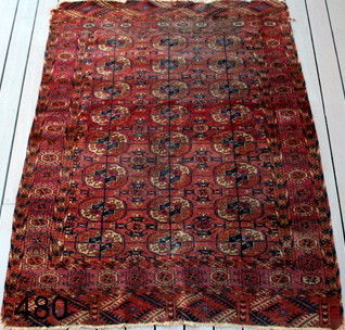 480) ANTIQUE BOKARRA RUG, 4'-8" X 3'-8",: AREAS OF TRAFFIC WEAR