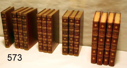573) 15 VOLUMES FULL, 3/4, AND 1/2 LEATHER:: 4 SETS OF EARLY 19TH C. BOOKS BY "THE AUTHOR OF WAVERLEY" PLUS 4 VOLUMES 3/4 LEATHER OF "LA PETITE ROGUE" BY GUY DE MAUPASSSANT; PLUS 1 GASTON RIOU "AUX ECOUTES DE LA FRANCE QUI VIENT" SIGNED BY THE A