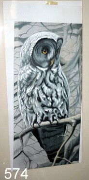 574) DAVID SILVERBERG (CANADIAN, B. 1936): COLORED COPPER PLATE ETCHING (LITHOGRAPH?) OF OWL; SIGHT:22.75" X 10", N.B. UNABLE TO NOTE LOWER BORDER SINCE PRINT HAS SLIPPED BELOW MATTING)