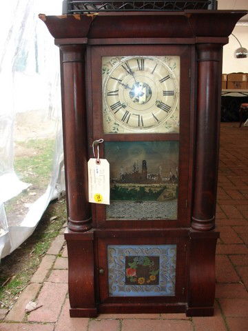 SETH THOMAS DOUBLE MANTLE CLOCK 19TH C: SETH THOMAS 19TH C DOUBLE PANEL 8 DAY MANTLE CLOCK W/2 PAINTED GLASS PANELS. TOP PANEL SMITHSONIAN; BOTTOM PANEL FLOWERS. PAPER LABEL "SETH THOMAS PLYMOUTH HOLLOW CT" MEASURES 32" H x 16" W.