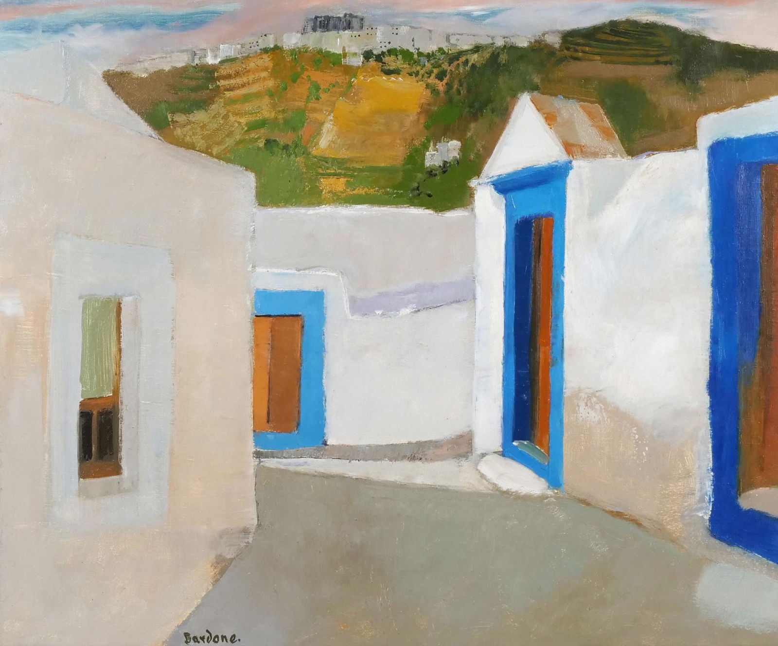 GUY BARDONE (French, 1927-2015): Courette et monastere St. Jean Patmos Oil on canvas Signed lower left, with David Findlay, New York gallery label on verso h. 21-1/4 w. 25 in. overall: 26-1/2 x 30-3/4 in. (framed) Provenance: From th
