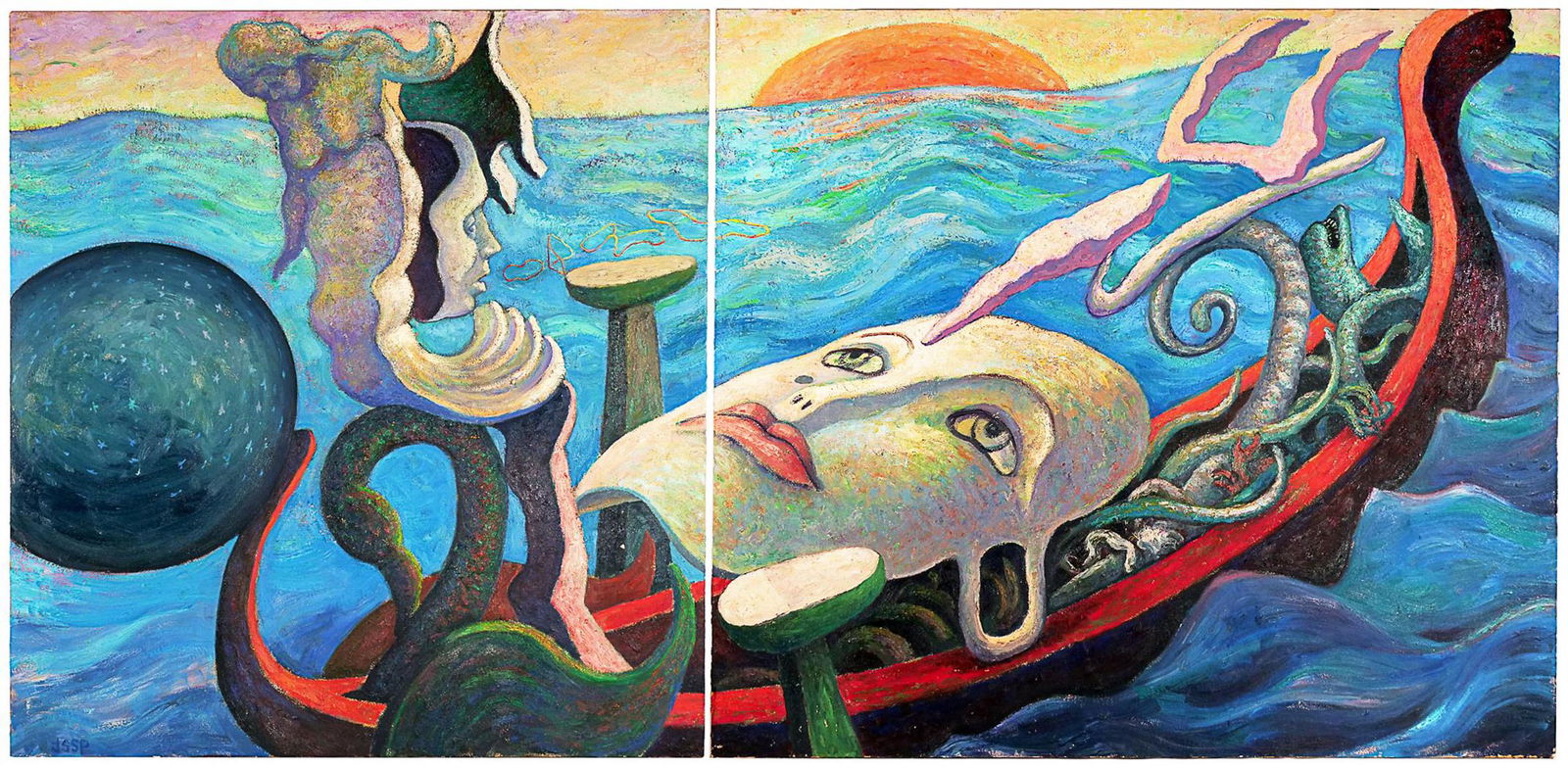 ROBERT JESSUP (American, b. 1952), DIPTYCH: The Marriage of Night and the Sea Oil on canvas A surrealist seascape painting, comprising two canvases (h. 80 x w. 74 in. & h. 80 x w. 90 in.); signed lower left on left panel; signed, titled, and da