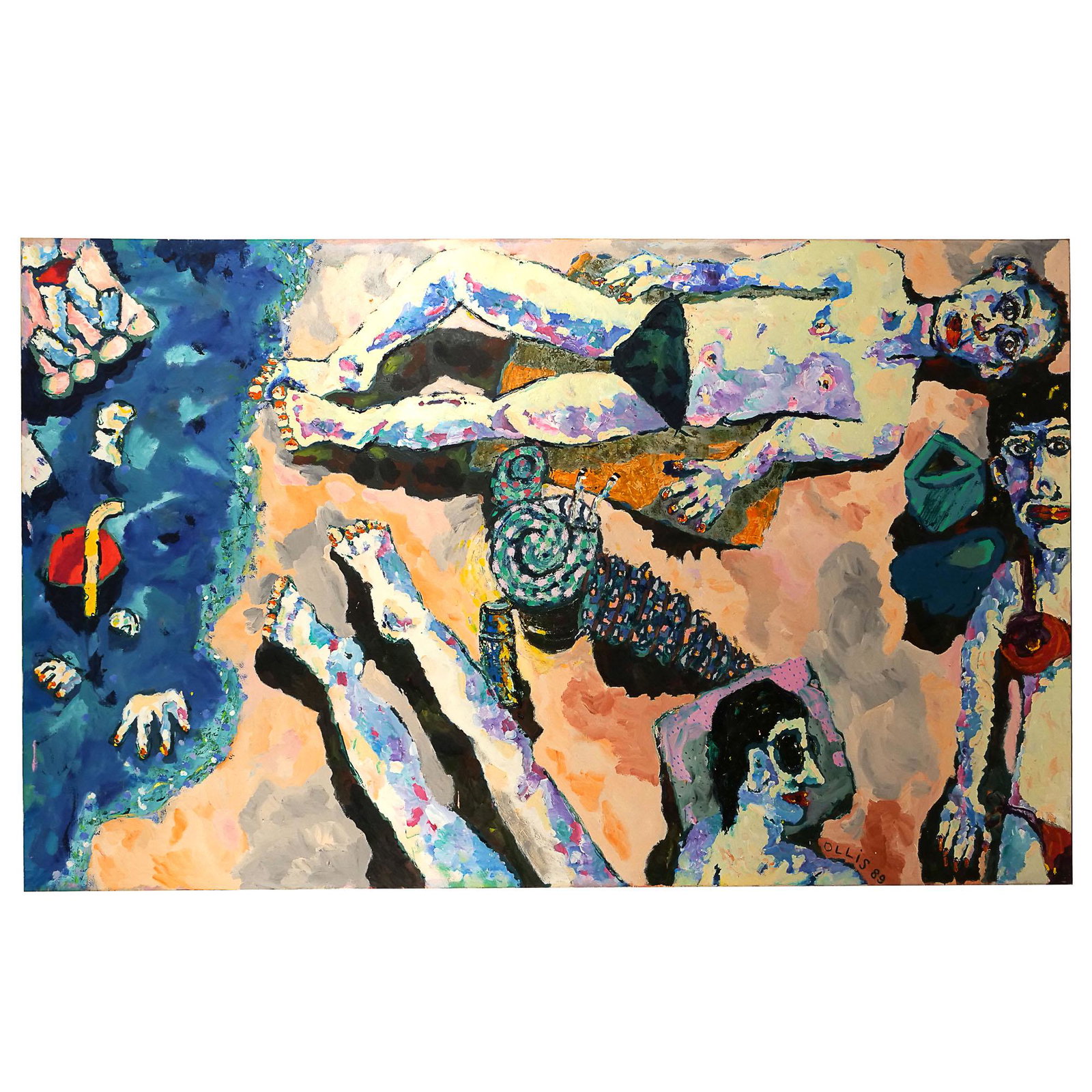 BERNARD OLLIS (Australian, b. 1951): Observing Oil on canvas Signed lower right and dated 89; titled on the flap and inscribed "5'10 x 9'5-2/5 / completed May '89 in 10 days"; titled and inscribed on verso "May / June '89 Bendigo" with a