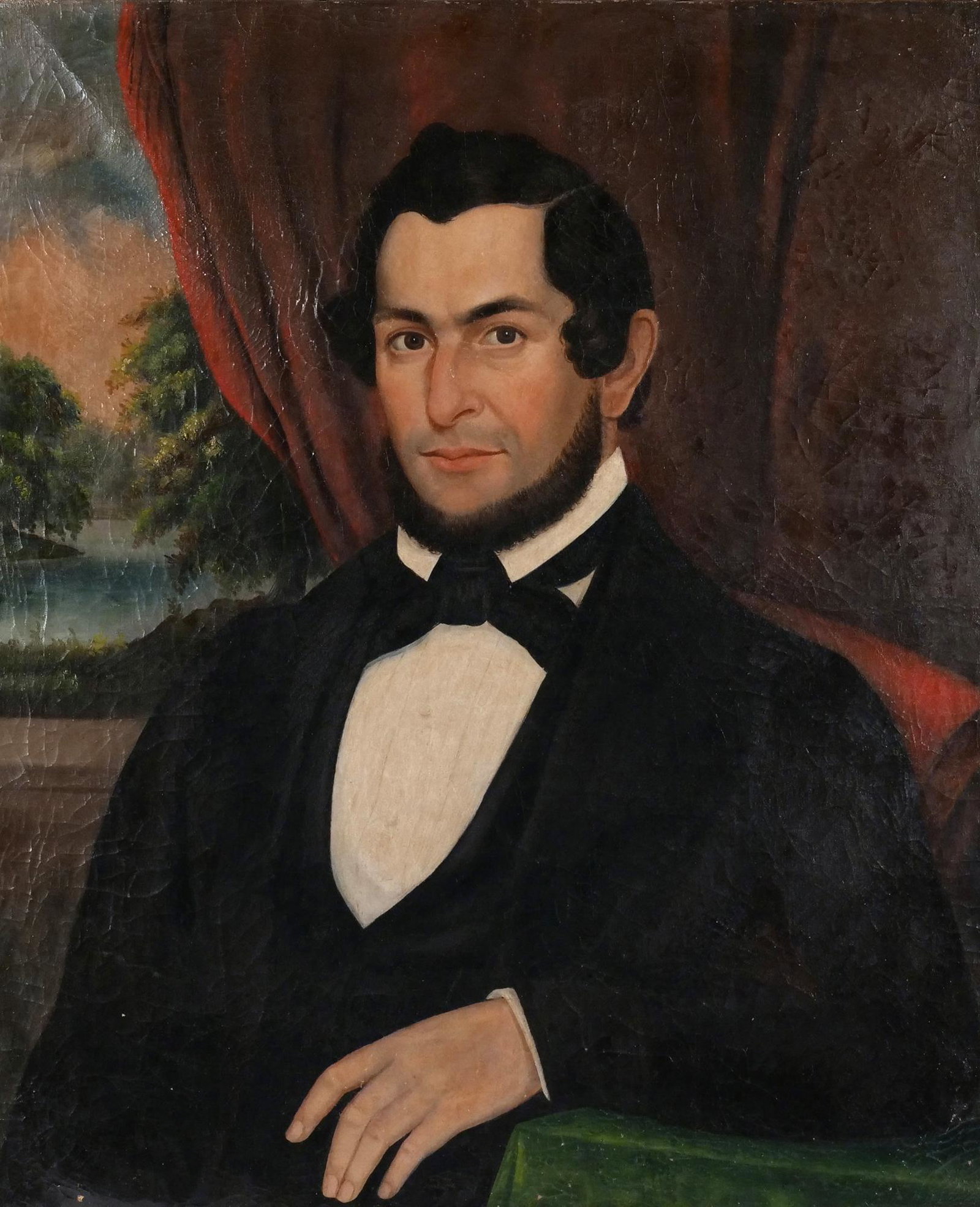 AMERICAN SCHOOL (19th Century): Portrait of a Gentleman Oil on canvas showing a gentleman in a suit seated before a red drape and landscape, hand hewn and contoured stretcher h. 29-1/2 w. 25 in. (stretcher) overall: 33-1/2 x 28-1/4 