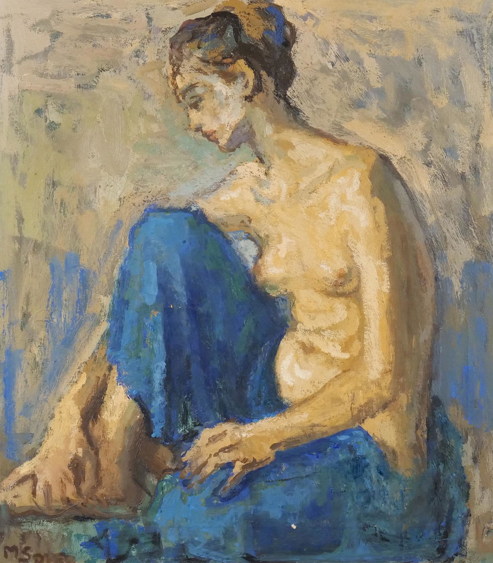 MOSES SOYER (American, 1899-1974): Woman in a blue skirt Oil on canvas Signed lower left h. 20 w. 18 in. overall: 29 x 27 in. (framed) Provenance: Descended through a Park Ave, NY family n.b. Not all items are on display in our saleroo