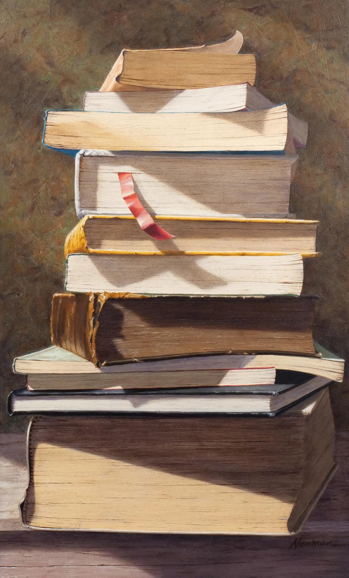 RICHARD NEWMAN (American, b. 1946): Tall Tales Oil on panel Showing a stack of books, signed lower right, titled on label on verso, float mounted in a wood veneer frame h. 23 w. 14 in. overall: 24-3/8 x 15-1/4 in. (framed) n.b. Not all