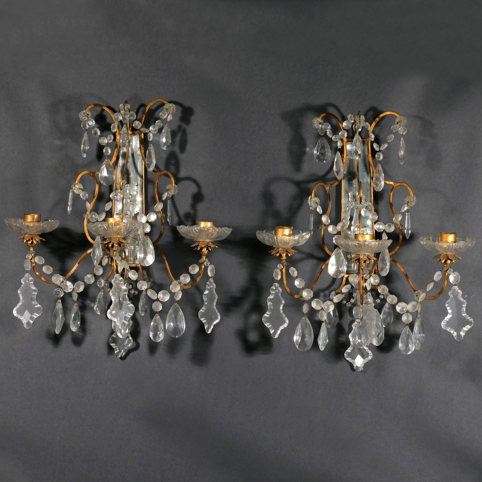 PAIR BRASS & GLASS WALL SCONCES (1 of 8)