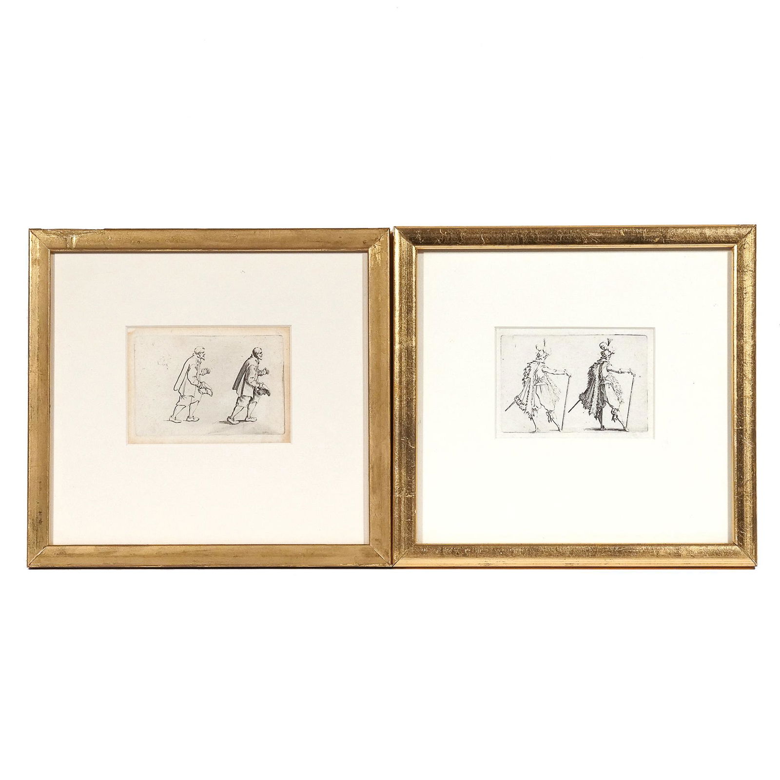 (2pc) JACQUES CALLOT (French, 1592-1635): Gentleman & Peasant Etching Including study of a gentleman with a long cane and study of a peasant holding his hat, c. 1621-1622 h. 2-1/4 w. 3-1/2 in. (each plate) overall: 7-3/4 x 8-1/4 in. (each fra