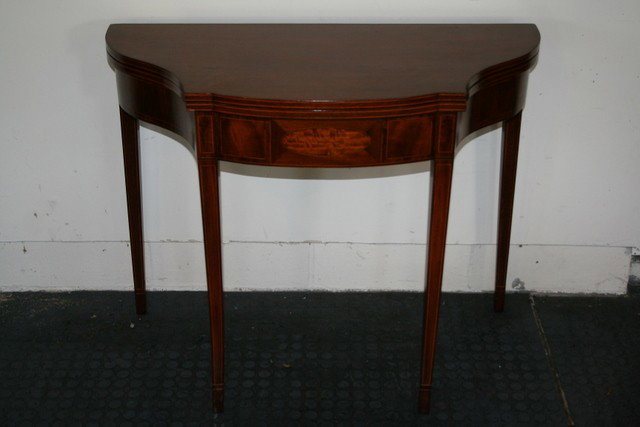 76) E. 19TH C. AMERICAN FEDERAL INLAID GAMES TABLE: W//SHAPED TOP, SQ. TAPERING LEGS, H. 29", W. 36", D. 17 ½", COND.: CHIP ON FRONT CORNER EDGE