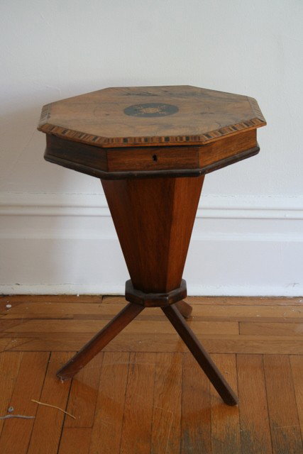 86B) SYRIAN INLAID SEWING TABLE W/TRIPOD LEGS AND: FITTED INTERIOR; H.22", OCTAGONAL TOP 17" X 17"