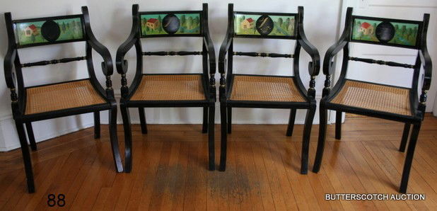 88) SET 4-FANCY ARMCHAIRS W/PAINTED CREST RAILS AND: SET 4-FANCY ARMCHAIRS W/PAINTED CREST RAILS AND CANED SEATS, H.35", SH. 17 1/2", W.21" OVER ARMS