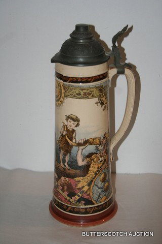 196) METTLACH STEIN, H. 16", #2261, TRANSFERWARE VIKING: DRINK SCENE, VERY GOOD COND.: NO CHIPS, FLAKES NOR CRACKS