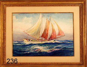 236) REYNOLDS BEAL, A.N.A. (AMER. 1867-1951) MIXED: MEDIA, "PATRIA OF PONCE", 3-MASTED SCHOONER, SGD. L.R. & DATED 1922, 14 ¾ X 20 ½"