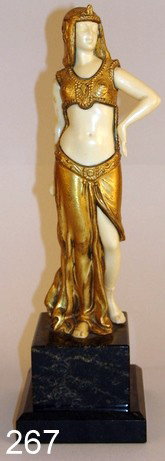 267) E. 20TH C. ORIENTALIST FEMALE DANCER SCULPTURE,: GILT ORMOLU & CELLULOID W/STEPPED VERDE ANTICO MARBLE BASE, MKD. MADE IN GERMANY, H. 10 ¾" (0VERALL HEIGHT)