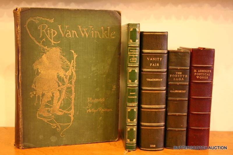 366) LOT 4 BOOKS: WASHINGTON IRVING, "RIP VAN WINKLE",: ILLUS. A. RACKHAM, 1905, BINDING SOILED; M. ARNOLDS, "POETICAL WORKS", FULL LEATHER, 1907; THACKERAY, "VANITY FAIR", 1848, ½ LEATHER; JOHN GALSWORTHY, "THE FORSYTE SAGA"; HERBERT MANCHESTER, "WILLIAM