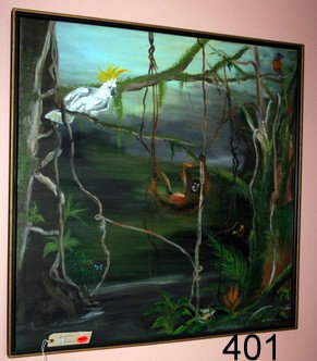 401) L. 20TH C. AMER. SCHOOL PTG. SGD. JOHN MALCOMSON: KRASIAN, D. 1998, O/C, JUNGLE SCENE, 35 X 35"