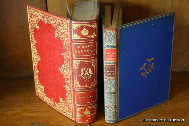 410) 2 FULL LEATHER BOOKS: FULL LEATHER AND 3-SIDED GIL: A CHRISTMAS CAROL ILLUSTRATED BY ARTHUR RACKHAM, 1948, LONDON: WILLIAM HEINEMANN LTD.; BEAUTIFULLY BOUND, WEAR AROUND SPINE; FULL LEATHER 1-SIDE GILT "LE MORTE D'ARTHUR" PRINTED IN GREAT BRITAIN BY R.