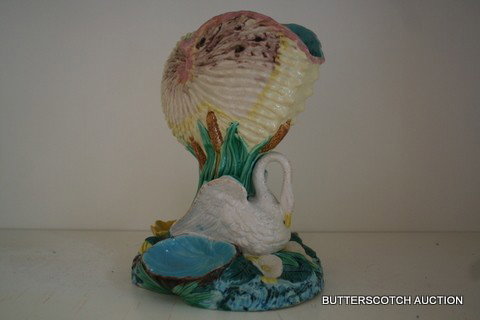 606) ROYAL WORCESTER MAJOLICA VASE, CONCH SHELL: SUPPORTED BY SWAN ,IMPRESSED ROUNDEL MARK, C. 1875, H. 8 ½", W. 7"