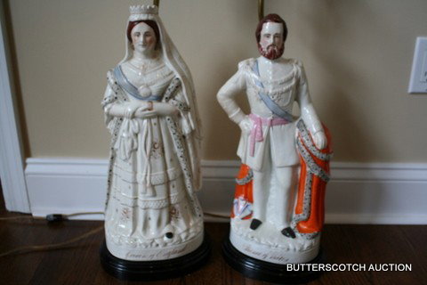 627) 19TH C. STAFFORDSHIRE FIGURES: VICTORIA &: PRINCE OF WALES, MOUNTED AS LAMPS, NOT DRILLED, EA. APPROX. 17", W/SHADES