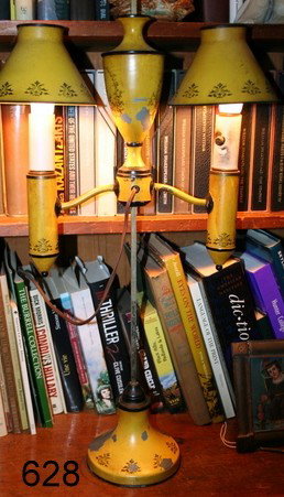 628) 19TH C. FRENCH TOLE 2-LITE FLUID LAMP, YELLOW: W/ BLACK STENCILING,PAINT LOSS ON BASE, SOME ON RESERVOIR; W: 15" H: 30", ELECTRIFIED,