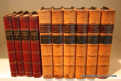 636) 6 VOL. SET FULL LEATHER, LORD BYRON LIFE: W/LETTERS & JOURNALS, BY THOMAS MOORE, BOSTON, MA.; SET 4 VOL. ¾ LEATHER, LOUIS QUINZE BY ALEX DUMAS, 1849