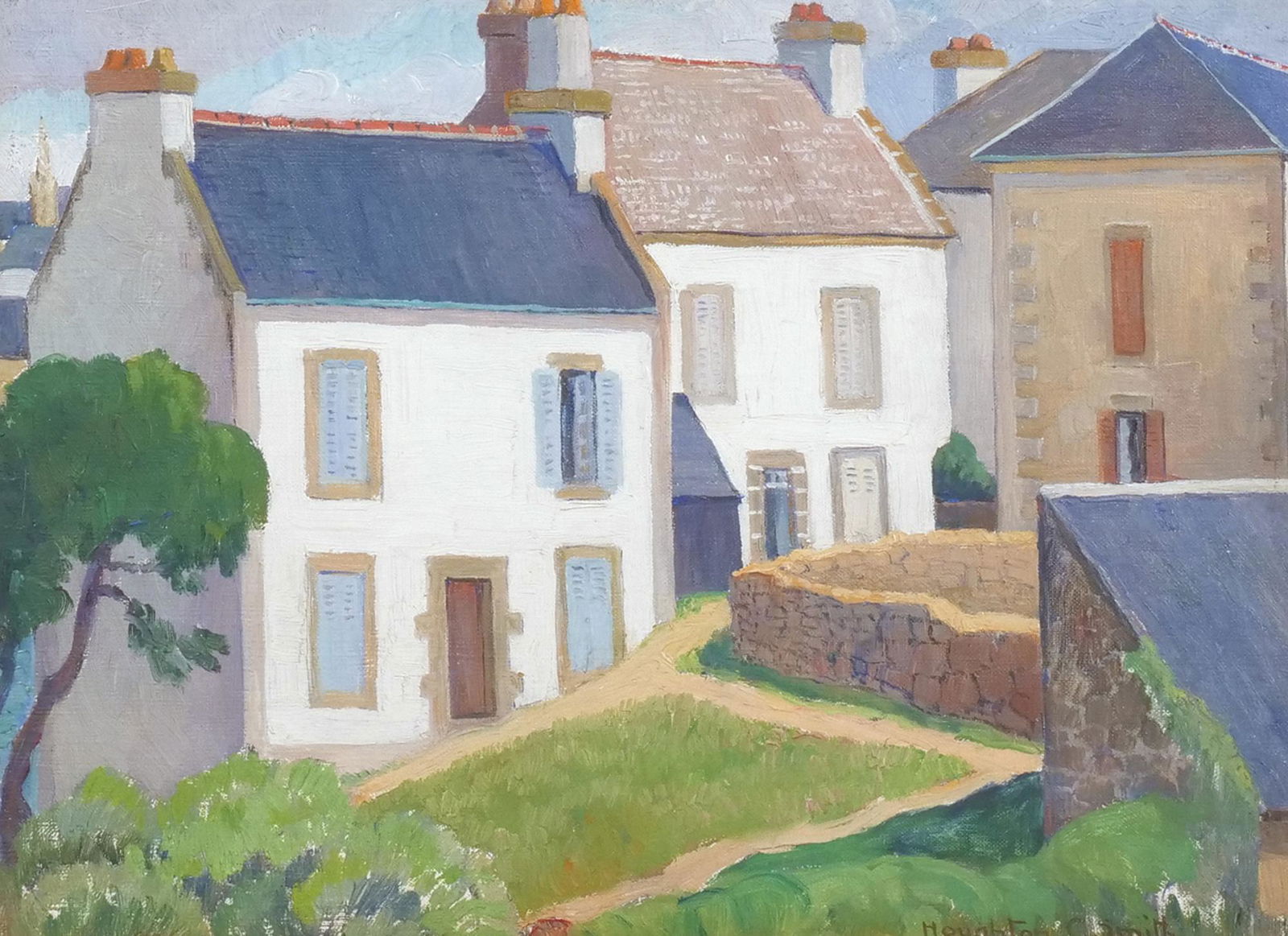 HOUGHTON CRANFORD SMITH (American,1887-1983): Houses - Douarnenez, France Oil on canvas Signed lower right, with Richard York gallery label on verso; framed under glass h. 9-1/2 w. 13 in. overall: 16-3/8 x 20 in. (frame) Provenance: Richard York