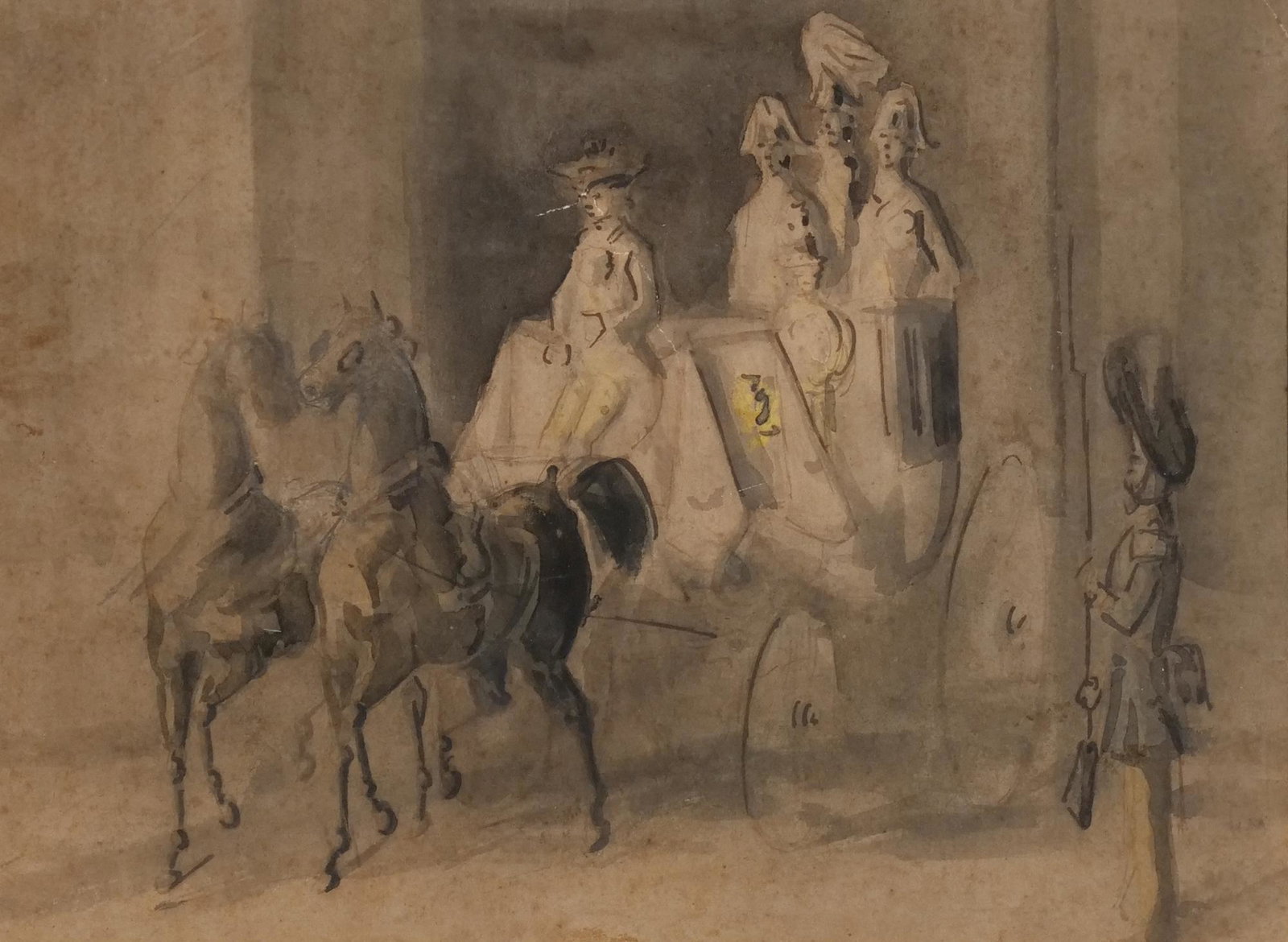 CONSTANTIN GUYS (French, 1802-1892): Horse-drawn carriage Watercolor on paper Inscription on verso, "Reichlion de Gala" [?] h. 6-1/2 w. 8-3/4 in. (sight) overall: 13-1/2 x 16 in. (frame) Provenance: Private collection, Bedford, NY