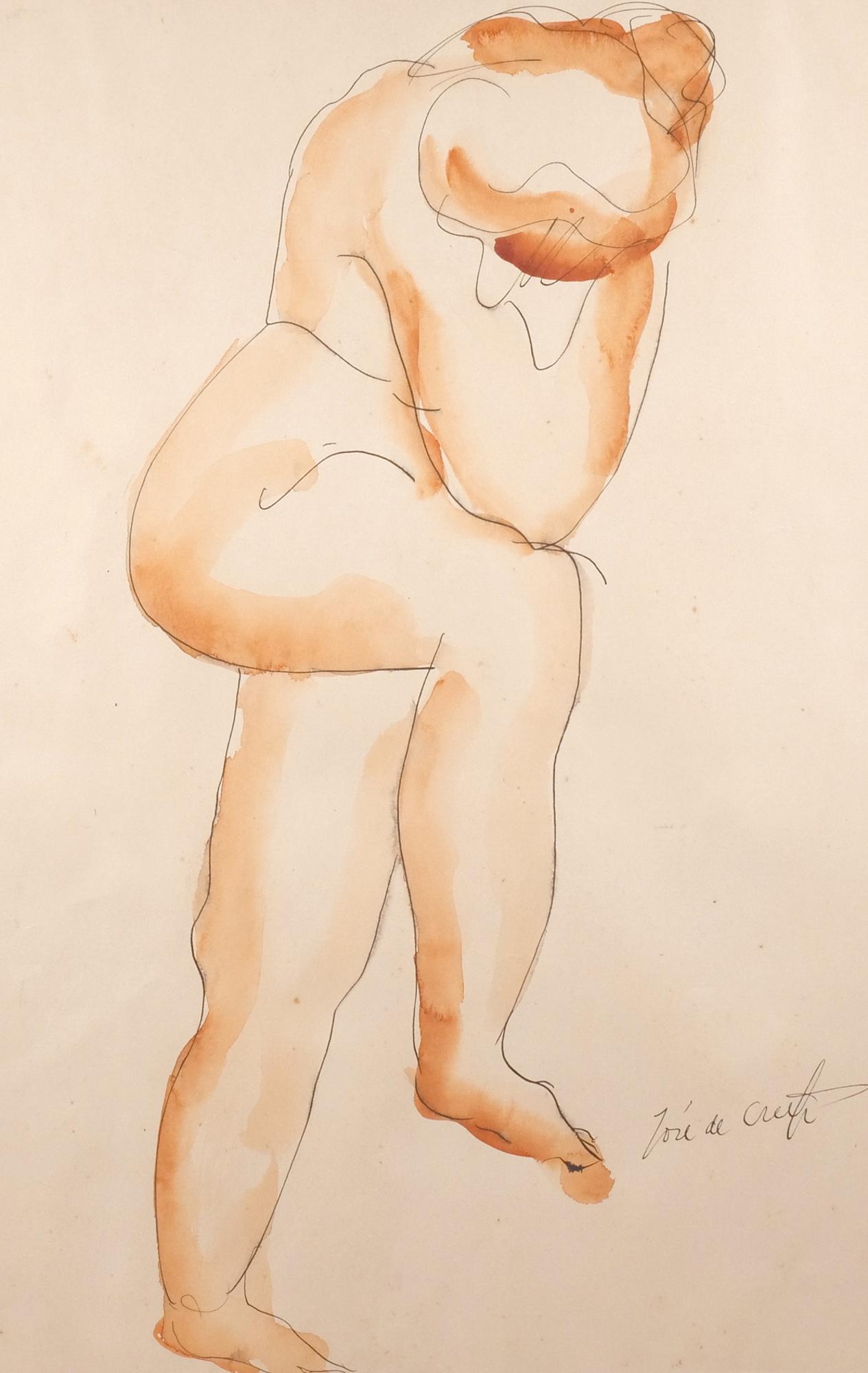 JOSE de CREEFT (Spanish-American, 1884-1982): Femal nude Watercolor on paper Abstract / modernist study of a nude figure, signed lower right; in a brushed metal frame h. 19-5/8 w. 12-1/2 in. (sight) overall: 26-5/8 x 19-1/4 in. (frame) Provenance
