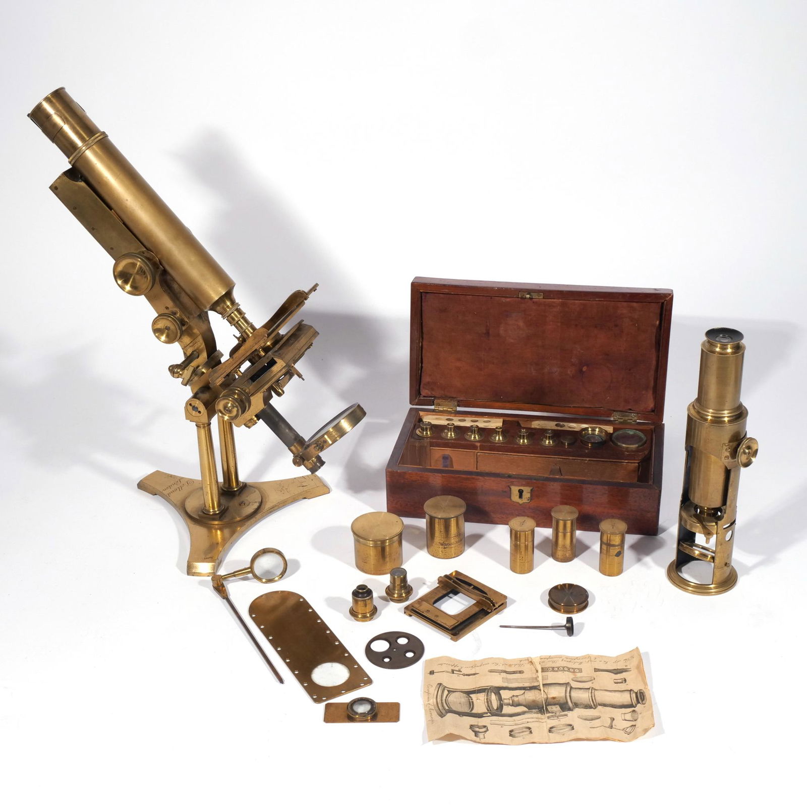 TWO ANTIQUE BRASS MICROSCOPES & ACCESSORIES (1 of 13)